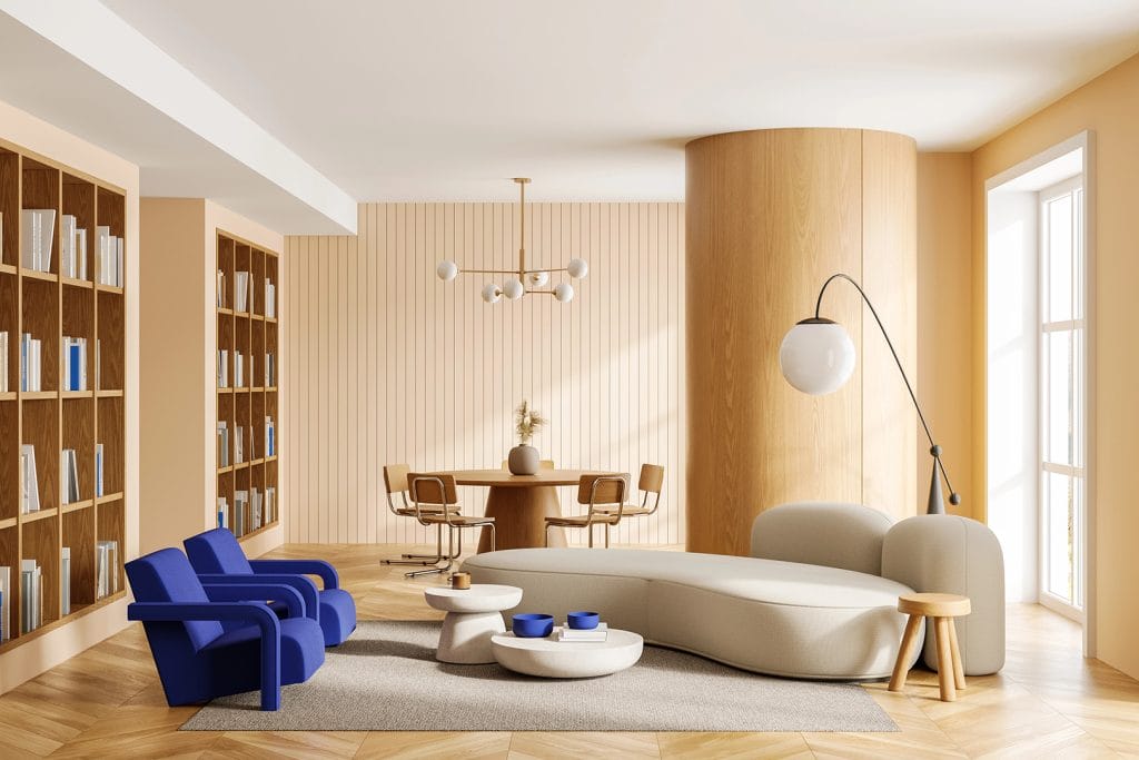 Calm, modern interior space with comfortable seating, natural wood elements, and soft lighting representing the sensory room at Beeton Fall Fair